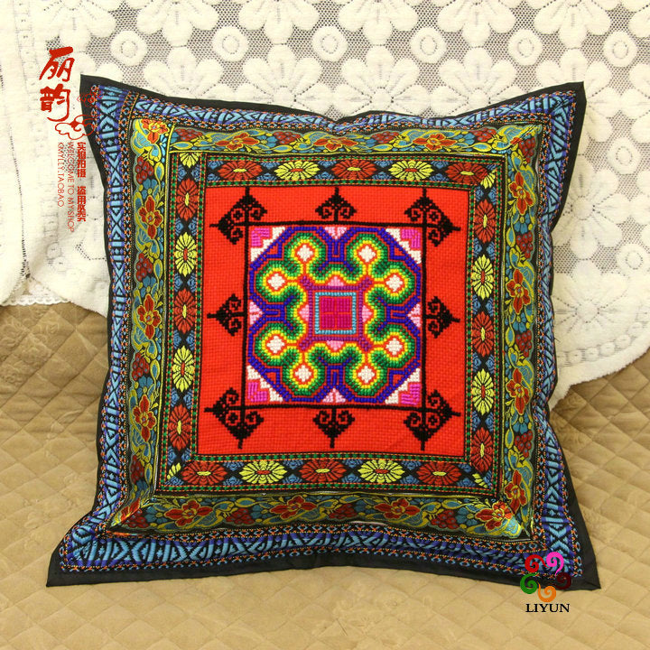 Beautiful Embroidery Pillow with Red Jewel Tone Center