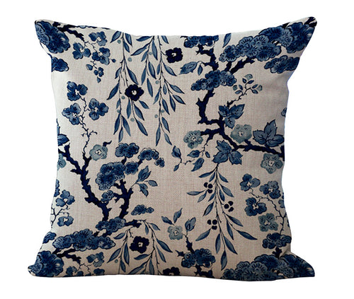 Blue & Beige Porcelain Linen Blend Throw Pillow