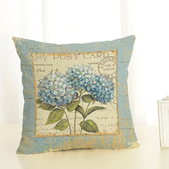 Vintage Blue Hydrangea Post Card Throw Pillow