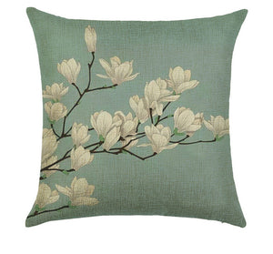 Rich Light Green Flowered Linen Blend Throw Pillow