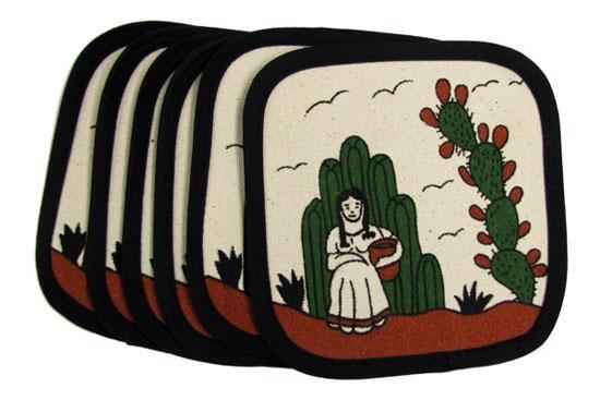 Mexico Folk Design Canvas Coaster Set - Cactus