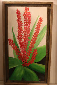 Beautiful Red Flowering Cactus Painted Wall Art with Rustic Frame
