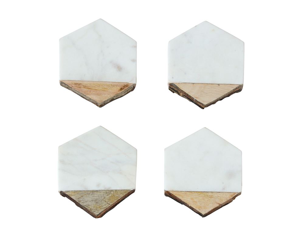 White Marble Coasters w/Mango Wood - Set of 4