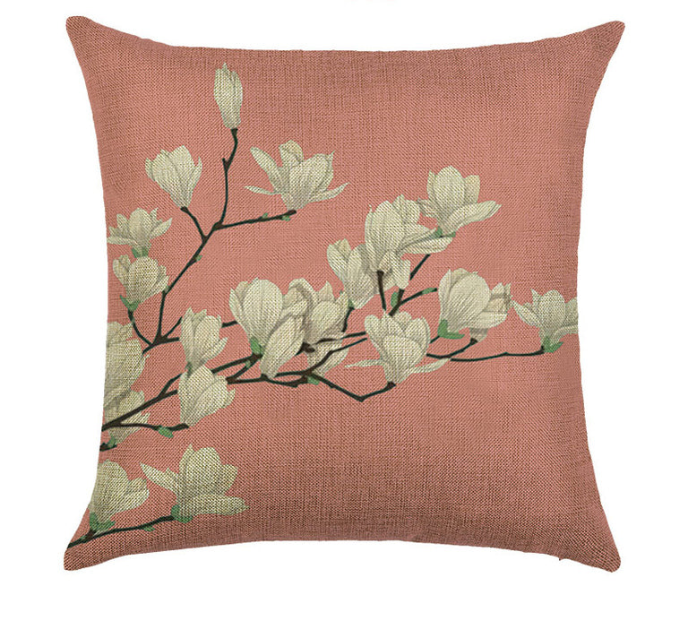 Rich Salmon Pink Flowered Linen Blend Throw Pillow