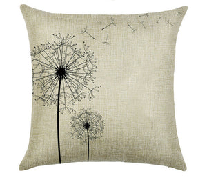 Black Dandelion Flowered Linen Blend Throw Pillow
