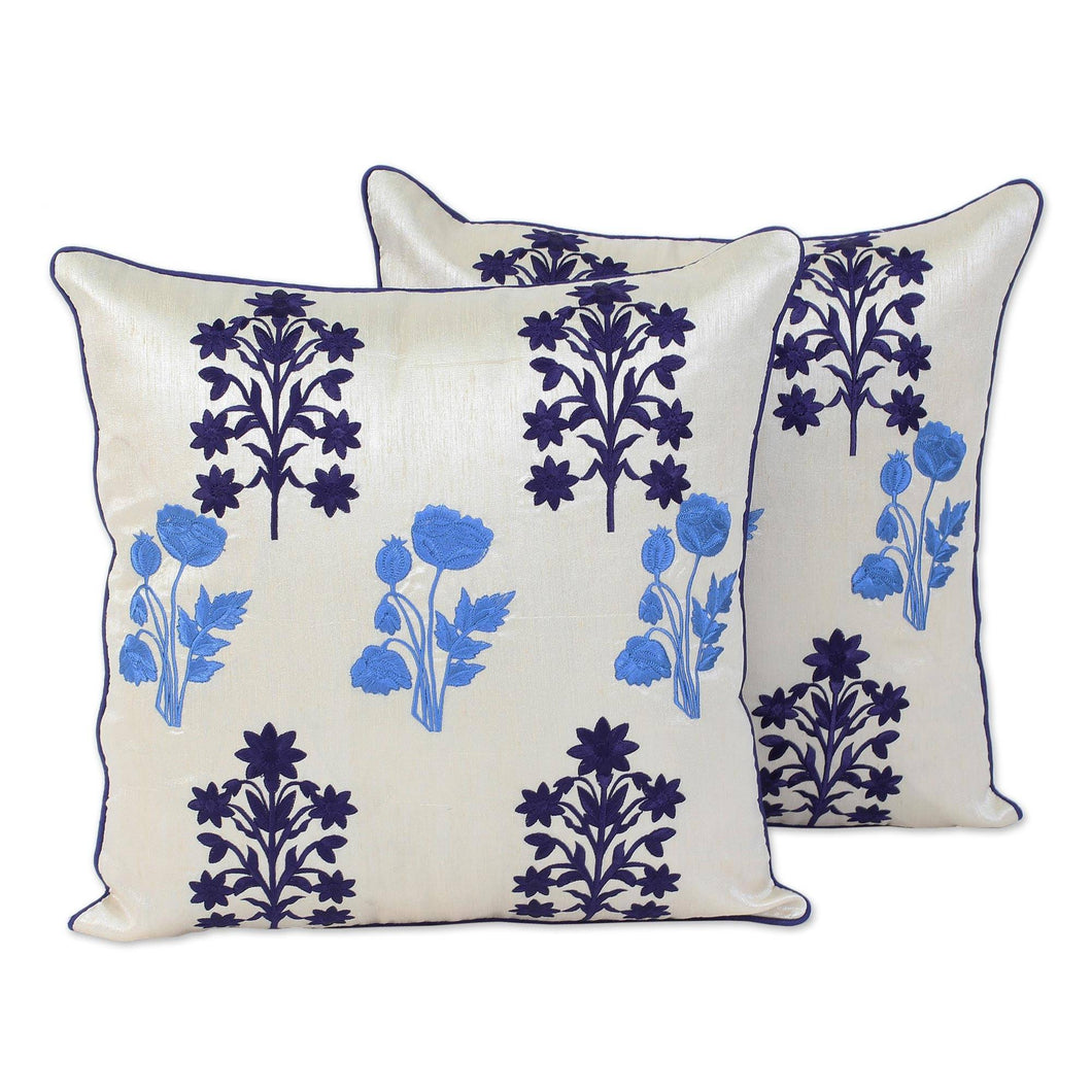 Blue Floral Embroidered Pillow